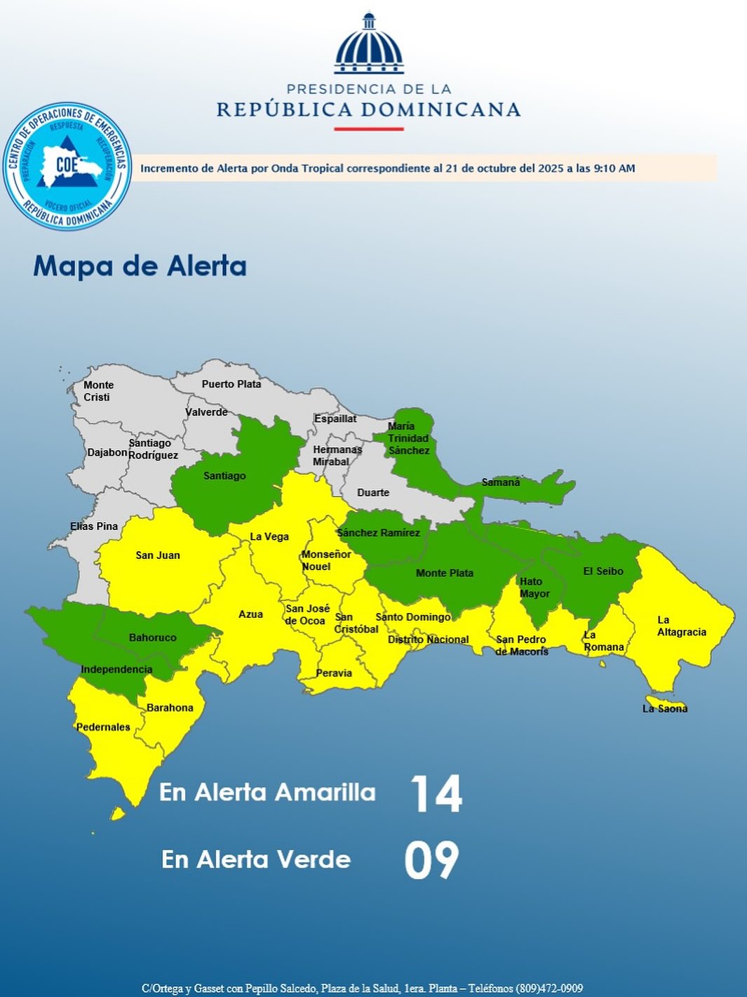 COE eleva a 14 las provincias en alerta amarilla y mantiene 9 en verde por aguaceros