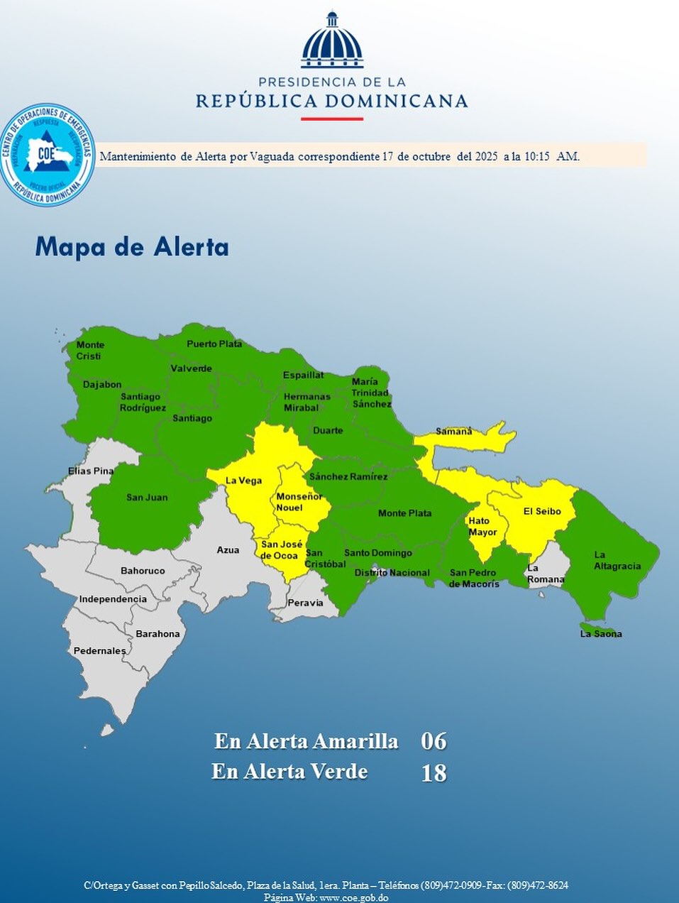 COE mantiene 6 provincias en alerta amarilla y 18 en verde por lluvias
