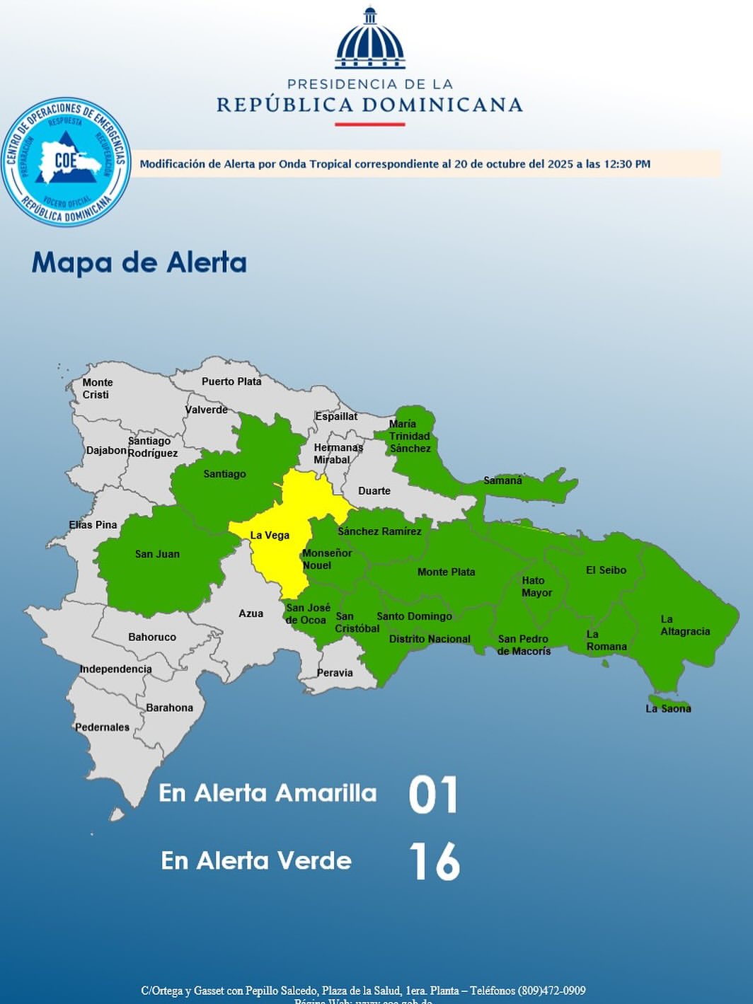 COE mantiene una provincia en alerta amarilla y 16 en verde por onda tropical