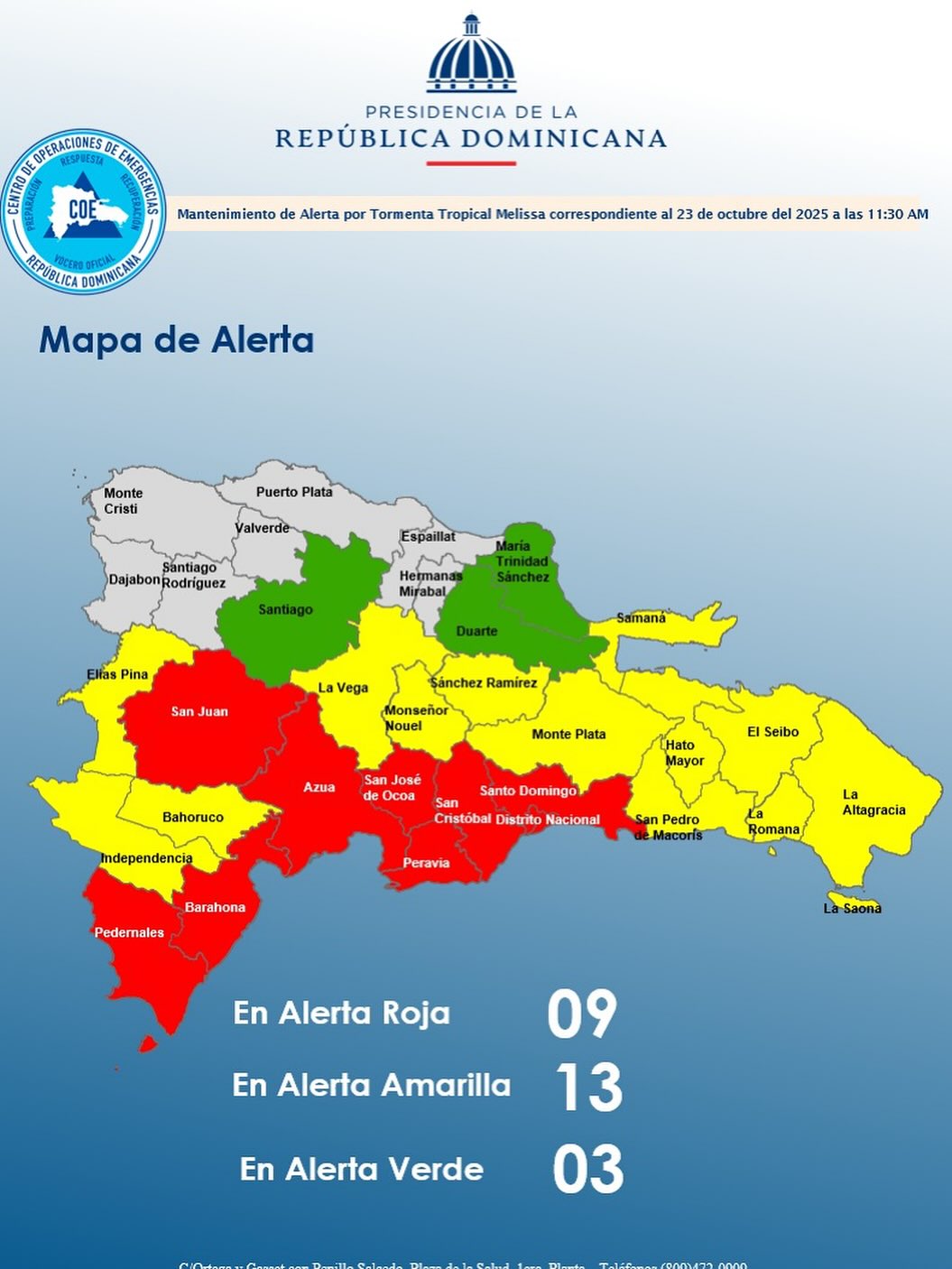 COE mantiene provincias en alerta ante los impactos de la tormenta Melissa