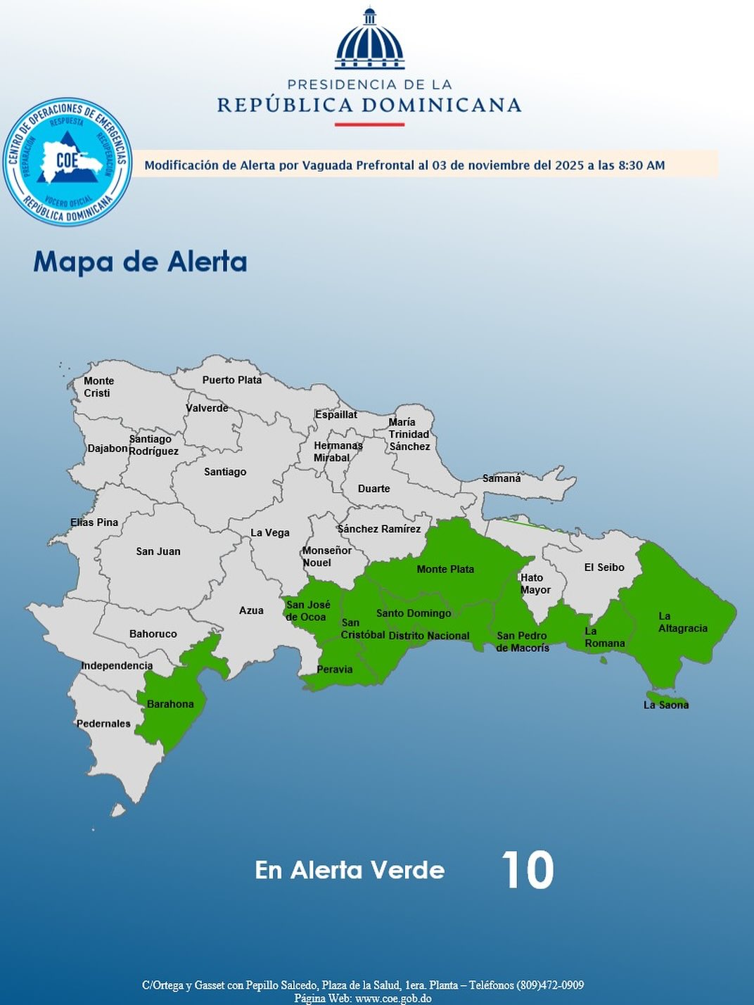 COE reduce a 10 provincias la alerta verde por bajas precipitaciones