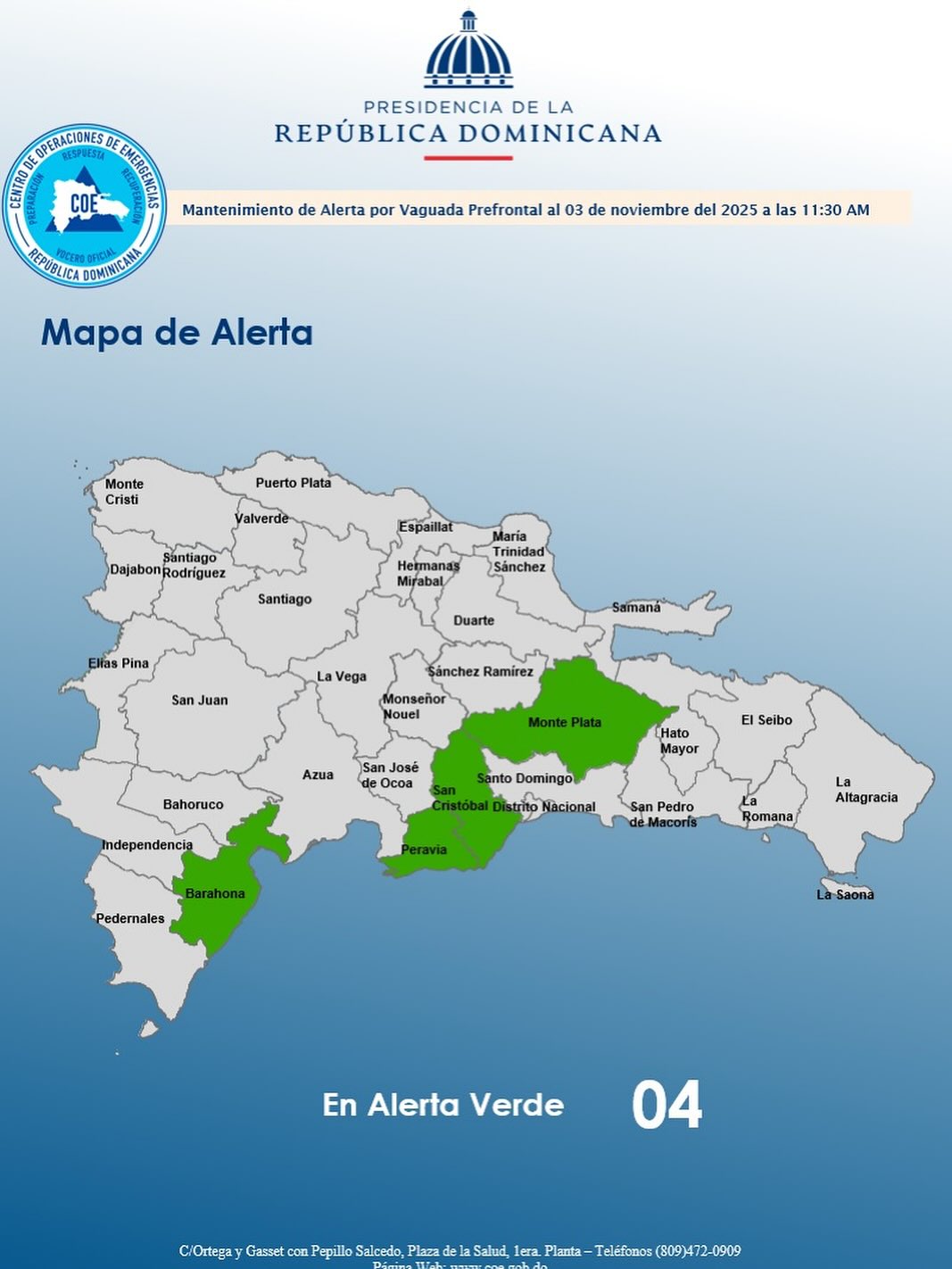 COE disminuye a 4 las provincias en alerta verde por mejoría del clima en el país
