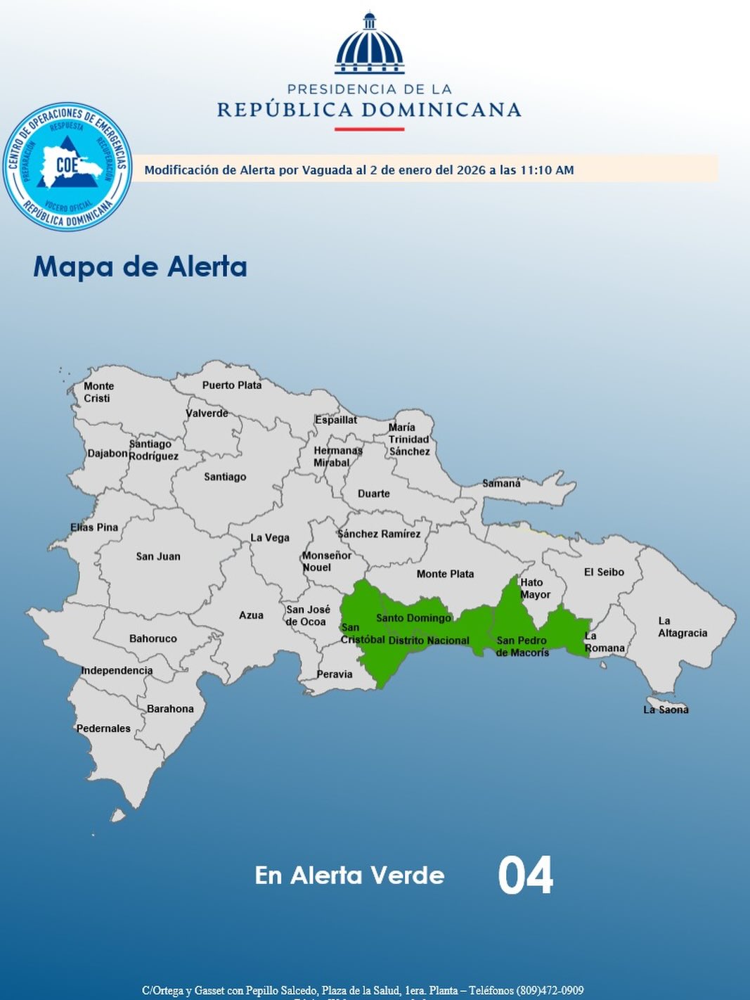COE mantiene cuatro provincias en alerta verde por lluvias