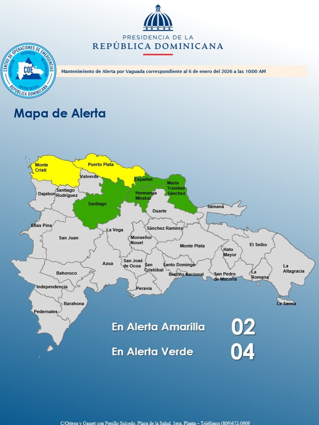 COE mantiene seis provincias en alerta por incidencia de un sistema frontal