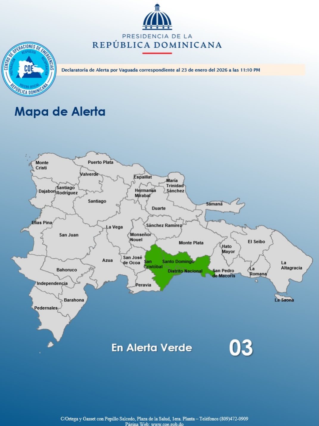 COE coloca tres provincias en alerta verde por efectos de una vaguada