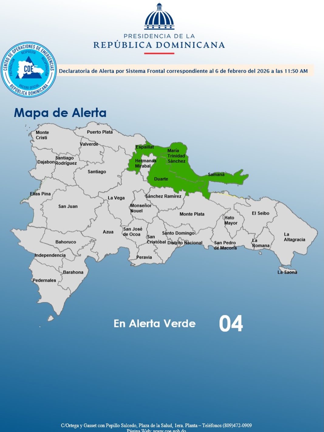 COE emite alerta verde para cuatro provincias por aguaceros