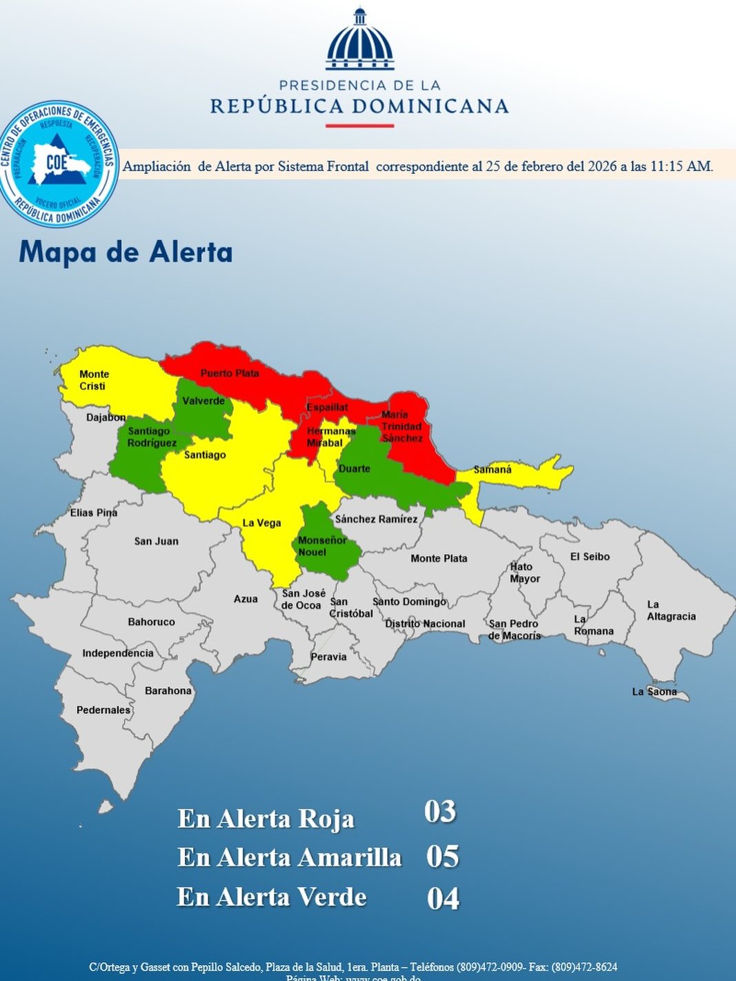 COE eleva a 12 el número de provincias en alerta por incidencia de sistema frontal